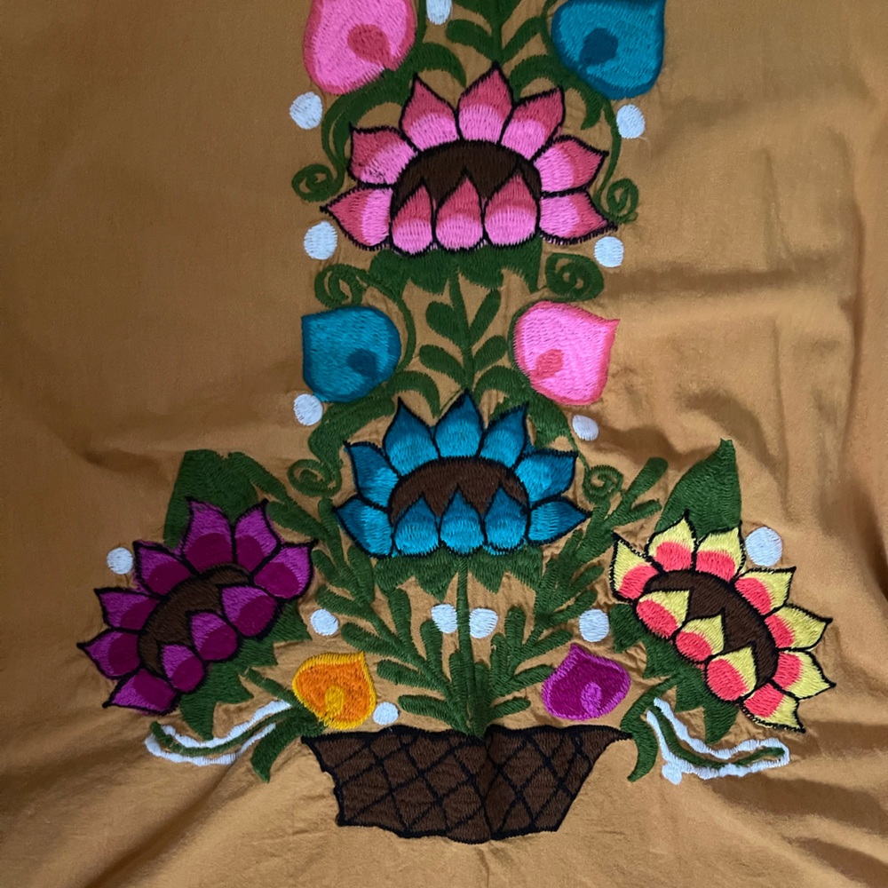 Mexican Embroidered Floral Tank Dress in Mustard with Multicolor Bloom - Picture 7 of 8